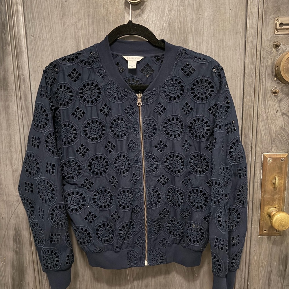 Caslon Dark Blue Lace Bomber Jacket